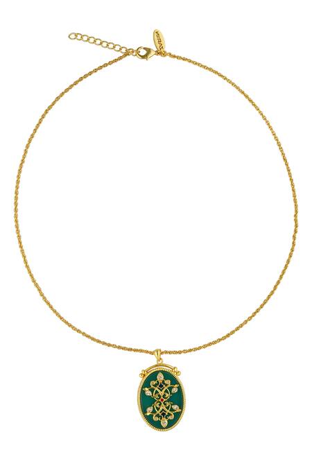 Shop Zariin Green Carved Onyx Embellished Pendant Necklace Online at Aza Fashions Shop_Zariin_Green Carved Onyx Embellished Pendant Necklace _Online_at_Aza_Fashions