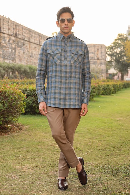 Raw & Rustic by Niti Bothra Blue 60 Lea Checkered Linen Kurta Shirt 