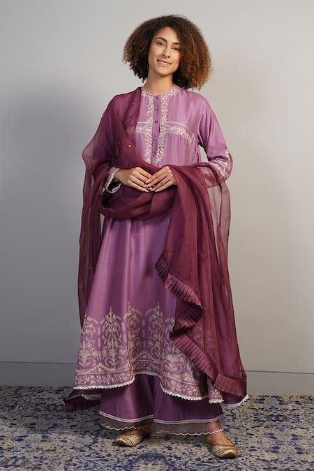Shop_Samant Chauhan_Purple Cotton Silk Embroidered Floral Round Anarkali And Pant Set _Online_at_Aza_Fashions