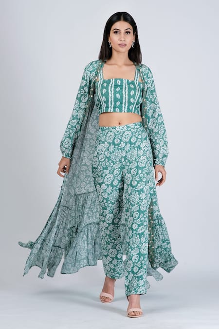 Soniya G Blue Silk And Embellishment Floral & Sequin Square Cape & Pant Set 