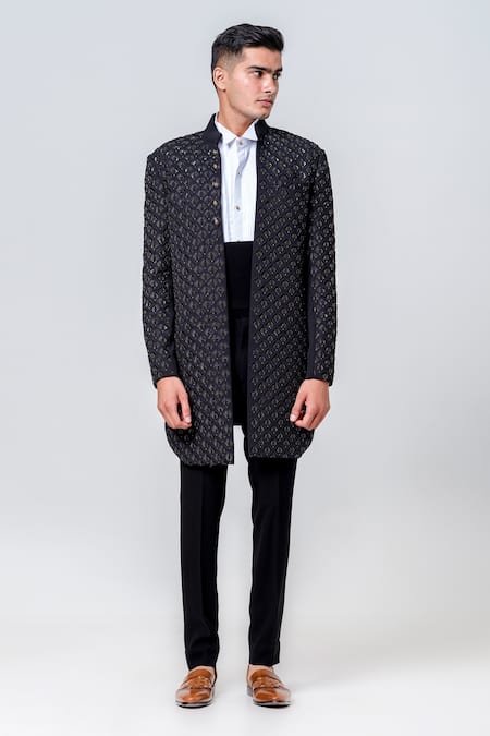 Buy_Amrit Dawani_Black Polyester Sequins Embellished Long Jacket Trouser Set _Online_at_Aza_Fashions