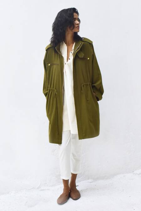 Kharakapas - Green Twill Lapel Ash Tree Parka Jacket For Women