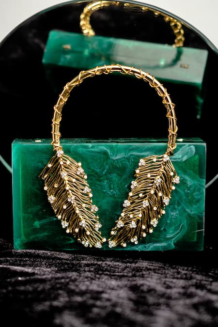 NR BY NIDHI RATHI Green Resin Feather Carved Clutch Bag 