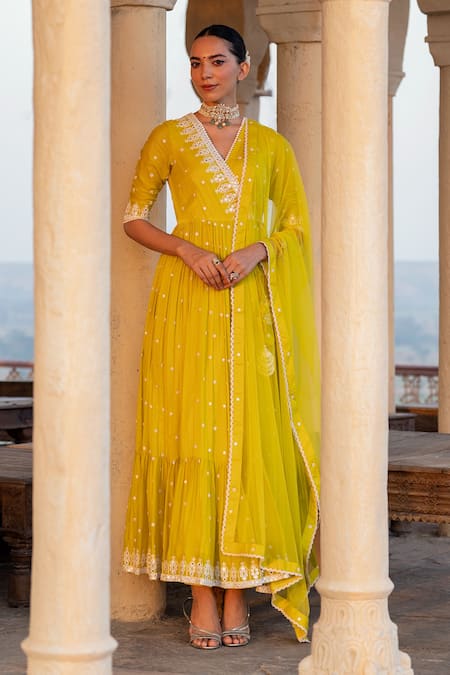 PREEVIN Triangle Mirror Work Angrakha Anarkali With Dupatta 