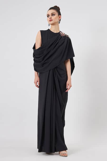 Aakaar Black Moss Crepe Plain Crystal Band Collar Cowl Draped Asymmetrical Gown