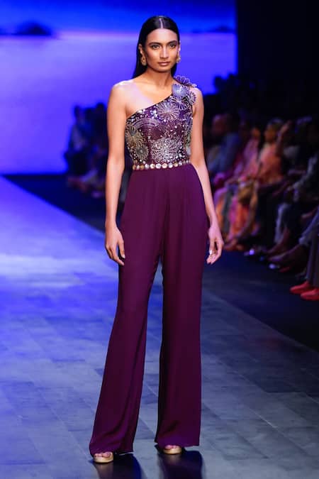 Nachiket Barve Maroon Bodice Organza And Bottom Georgette Lining Galaxy Jumpsuit  