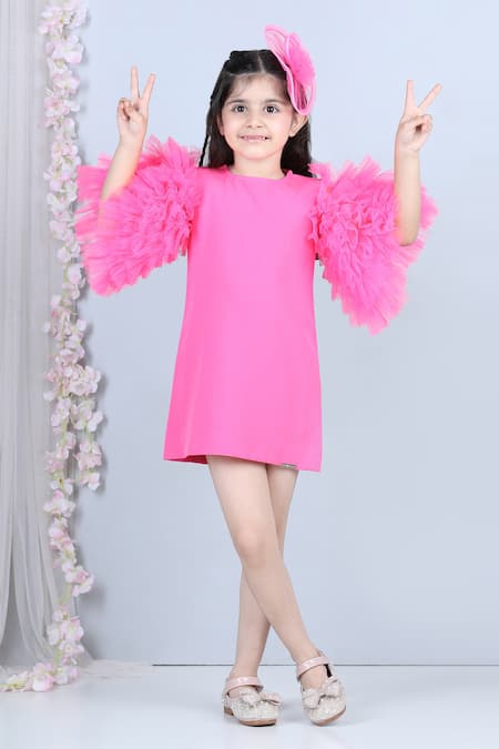 The little celebs Pink Imported Crepe Plain Round Neck Dress 