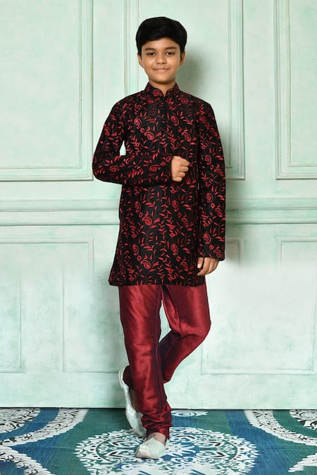 Petite Pomme Black Silk Beads Embroidered Paisley Pattern Kurta With Churidar