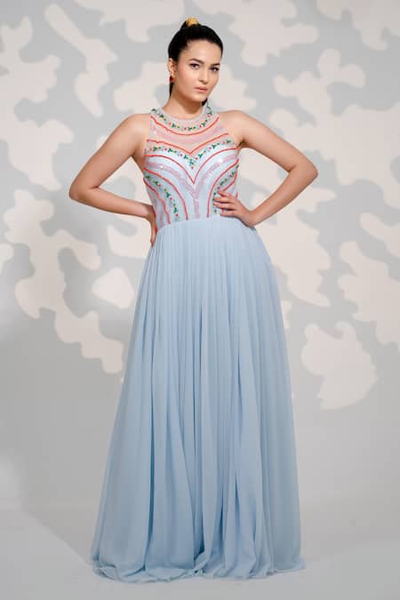 Tamaraa By Tahani Blue Tulle, Georgette Sequins, Crystals, Beads Round Embroidered Pleated Gown 