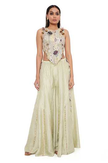 Buy Payal Singhal Green Georgette Embroidery Mirror And Thread Asymmetric Hem Choli And Sharara Set at Aza Fashions Buy_Payal Singhal_Green Georgette Embroidery Mirror And Thread Asymmetric Hem Choli And Sharara Set _at_Aza_Fashions