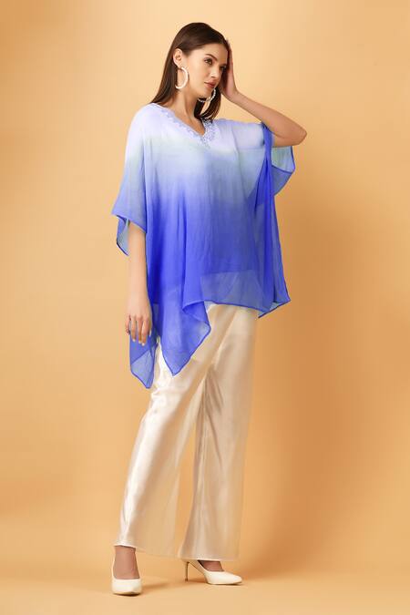 Shop Label Ivish Blue V-neck Ombre Cutdana Embroidered Kaftan Set Online at Aza Fashions Shop_Label Ivish_Blue V-neck Ombre Cutdana Embroidered Kaftan Set _Online_at_Aza_Fashions