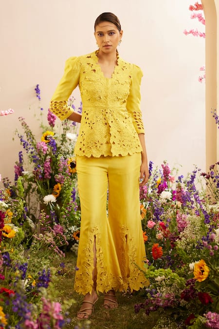 Chandrima - Yellow Chanderi Embroidered Floral Cut Work And Thread Peplum  Jacket For Women