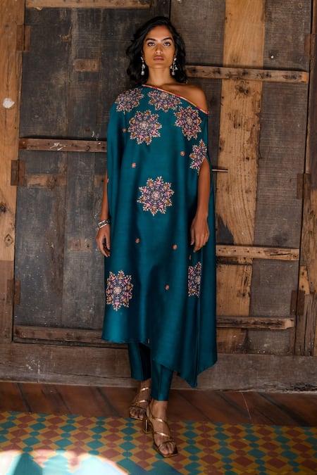 Shikha Mehta Silk Chanderi One-Shoulder Kaftan & Pant Set 