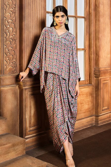 Aneesh Agarwaal Tribal Print Kaftan Top & Dhoti Skirt Set 