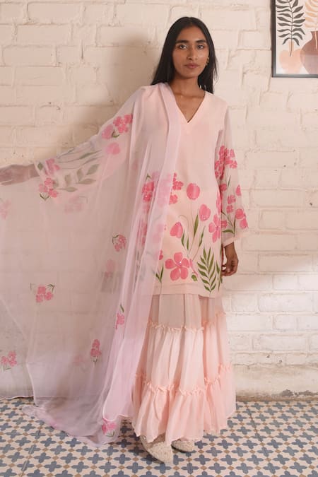 Meghstudio Pink Kurta And Sharara Georgette Hand Painted Floral V Kyari Set  