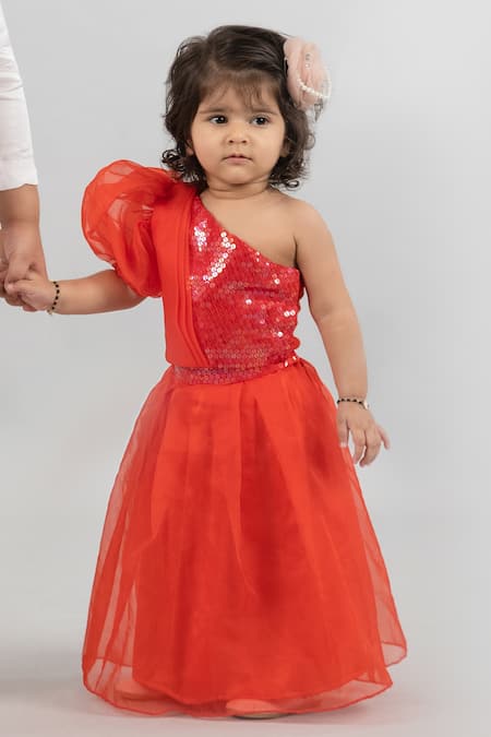 Darleen Kids Couture Red Chanderi Embroidery Sequins Patakhaa Blouse Lehenga Set 