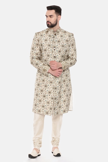 Mayank Modi - Men Beige Muslin Print Floral Bloom Sherwani With Churidar 