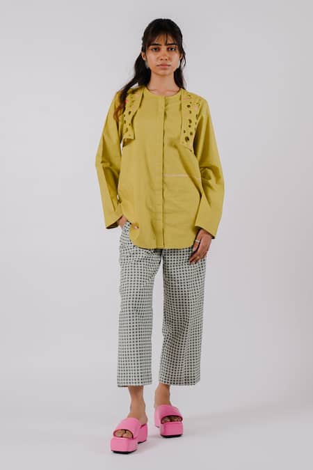 Tussah By Siddhi Shah Black Cotton Embroidery Round Neck Cutwork Flap Shirt With Pant 