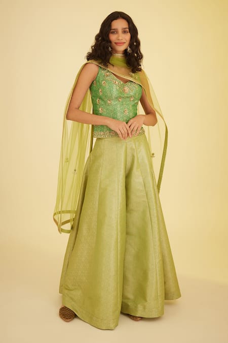 Shyam Narayan Prasad Green Brocade, Net Zari, Embroidery V-neck Floral Woven Top Sharara Set 