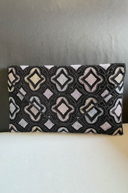 Kreivo By Vamanshi Damania Embellished Black Silk Clutch Bag 