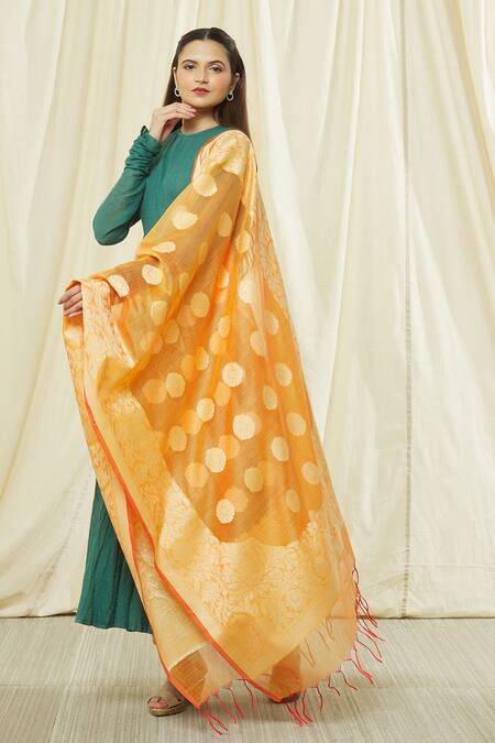 Naintara Bajaj Orange Cotton, Silk Embroidery, Fringe Floral Pattern Dupatta Online at Aza Fashions Naintara Bajaj_Orange Cotton, Silk Embroidery, Fringe Floral Pattern Dupatta _Online_at_Aza_Fashions
