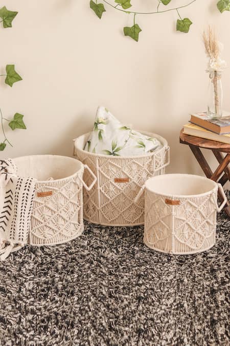 Karighar Off White Natural Cotton Cord And Metal Woven Bongo Basket - 3 