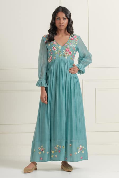 Ikshita Choudhary Blue Chanderi Embroidered Floral V Neck Sequin Dress 