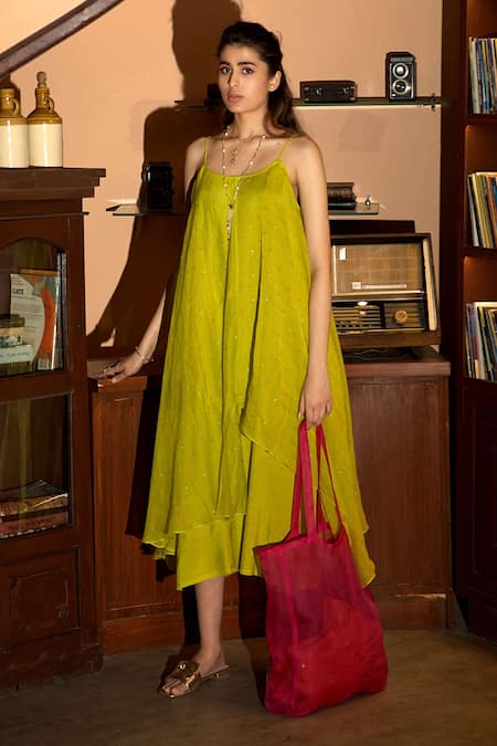 Deep Thee Neon Green Chanderi Dot Embroidered Dress 