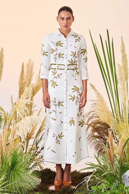 Shahin Mannan Tiny Branches Shirt Dress With Buckle Belt 