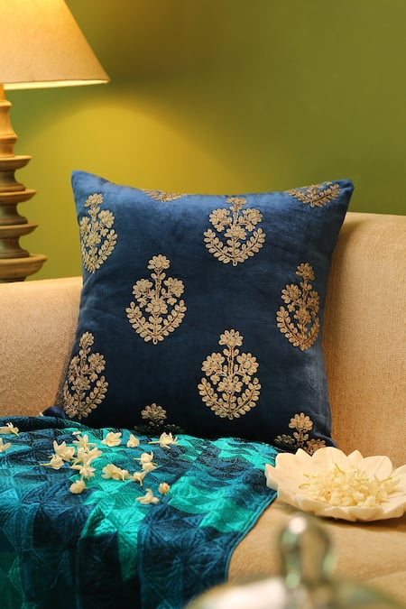 Amoliconcepts Blue Viscose Velvet Embroidery Zari Cushion Cover