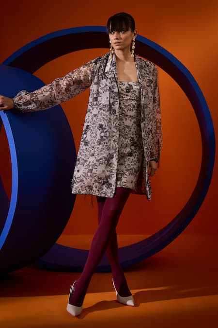 The Dramebaaz CO Black Organza Beads, Sequins, Embroidery Square Primrose Print Dress With Jacket