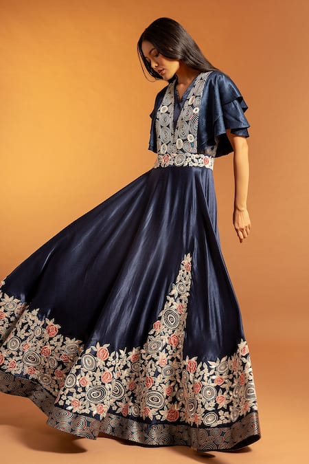 Sejal Kamdar Blue Pure Satin Crepe And Gajji Silk Print & Floral Ruffle Sleeve Gown  