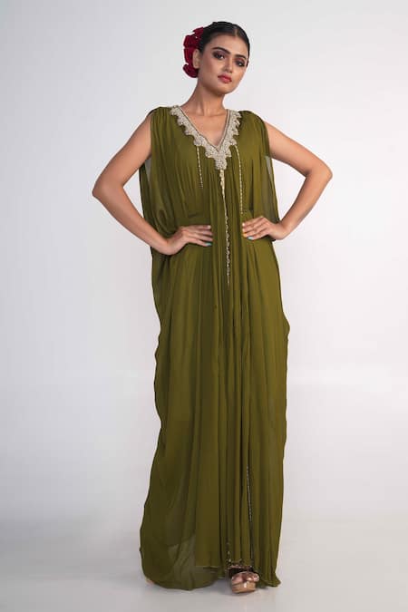 Merge Design Neckline Embroidered Draped Gown 