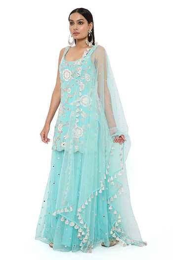 Buy_Payal Singhal_Blue Georgette Embroidery Thread And Mirror Scoop Neck Short Kurta Sharara Set _Online_at_Aza_Fashions