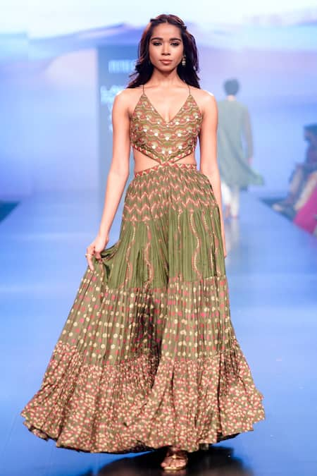 PUNIT BALANA Green Satin Silk Print Resham V Neck Coin And Work Yoke Tiered Dress 