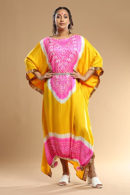 Etasha by Asha Jain Asymmetric Bandhani Pattern Kaftan 