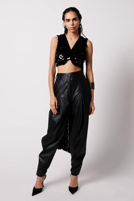 431-88 By Shweta Kapur Black Japanese Leather Cargo Pant