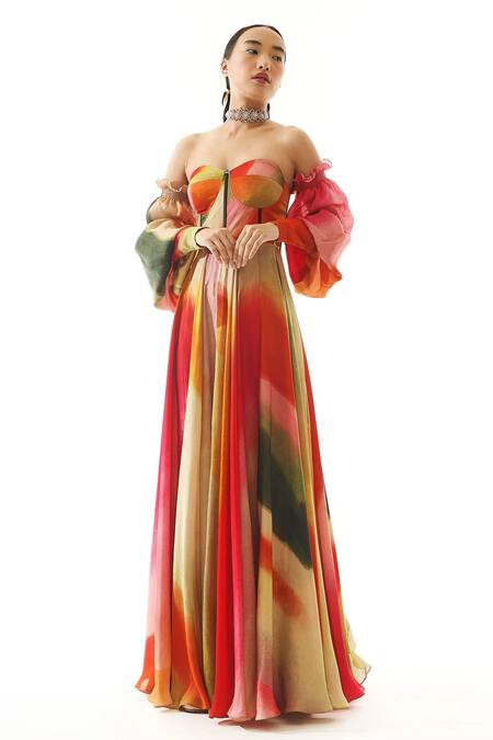 Buy_Mahima Mahajan_Multi Color Organza Satin And Shantoon One Shoulder Printed Off Gown_Online_at_Aza_Fashions