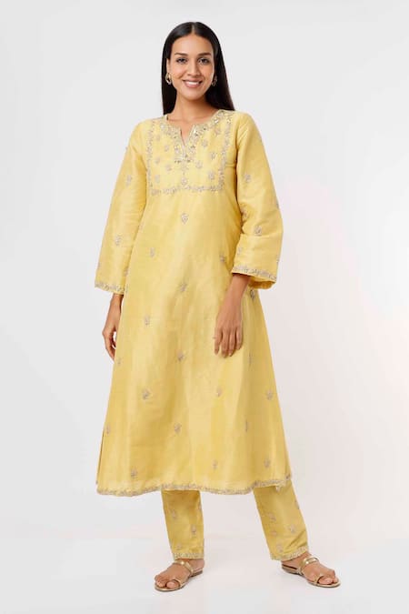 Mehak Murpana Yellow Silk Embroidery Round Neck Flared Sleeve Kurta And Pant Set 
