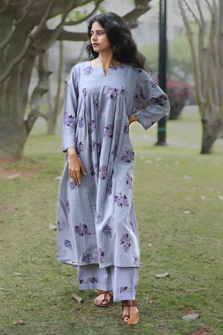 TINA EAPEN COLLECTIVE Purple Cotton Printed Garden Notched Anarkali And Flared Pant Set 