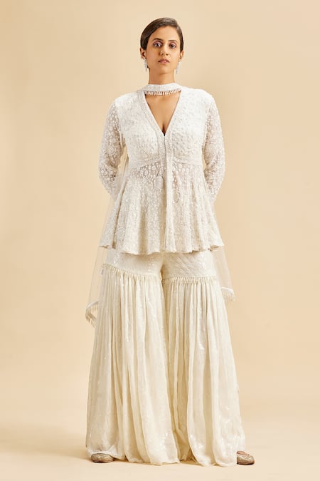 Nitika Gujral Ivory Peplum Top And Gharara Georgette & Dupatta Net Embroidery Floral Set 