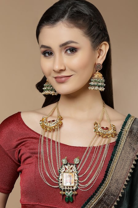 Shop Dugran By Dugristyle Gold Plated Pearls, Stones Bead Drop Layered Jhumkis at Aza Fashions Shop_Dugran By Dugristyle_Gold Plated Pearls, Stones Bead Drop Layered Jhumkis _at_Aza_Fashions