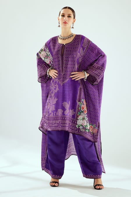 Rajdeep Ranawat Purple Silk Printed Geometric Round Hibika Kaftan Tunic 