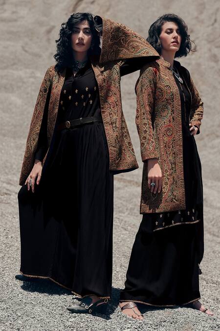 Buy Label Varsha Black Shirt Embroidery Floristry Shirt Collar Pant Set With Woven Jacket at Aza Fashions Buy_Label Varsha_Black Shirt Embroidery Floristry Shirt Collar Pant Set With Woven Jacket_at_Aza_Fashions