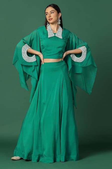 Two Sisters By Gyans Green Crop Top And Skirt- Georgette Embroidery Pearls & Sleeve Organza Cape & Set 