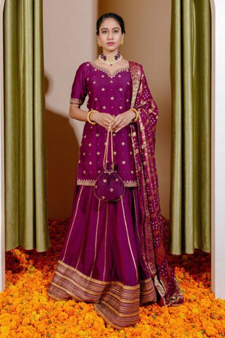 Shop_Shrutkirti_Purple Chanderi Embroidery Zari Leaf Neck Stripe Lehenga Set_Online_at_Aza_Fashions