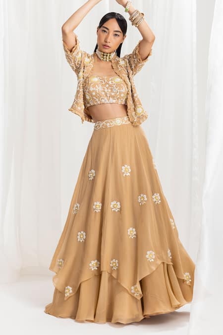 Seema Thukral Gold Blouse And Jacket Georgette Hand Embroidery Sequins Lehenga & Set 