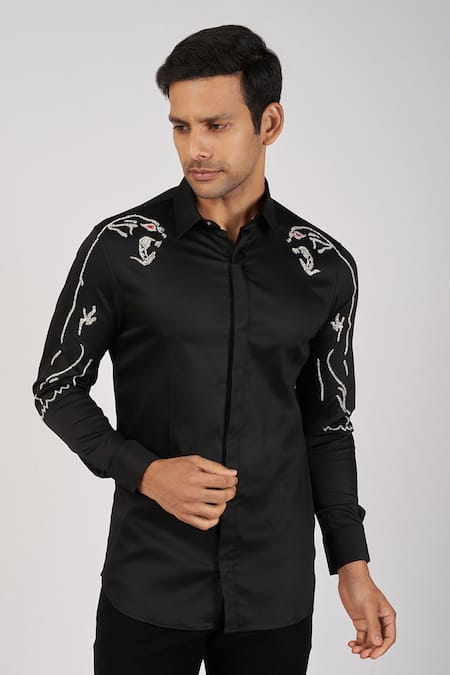 Buy Black Stretchable Cotton Hand Embroidered Panther Sleeve Shirt