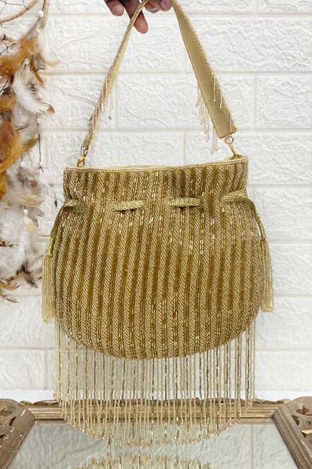 Kainiche By Mehak Gold Embellished Stripe Pattern Potli