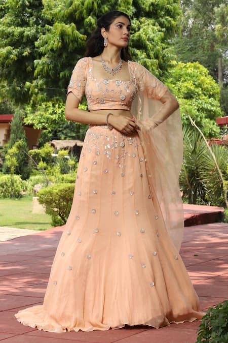 house of mithi kalra Peach Georgette Embroidered Sequins Square Floral Blouse Lehenga Set  